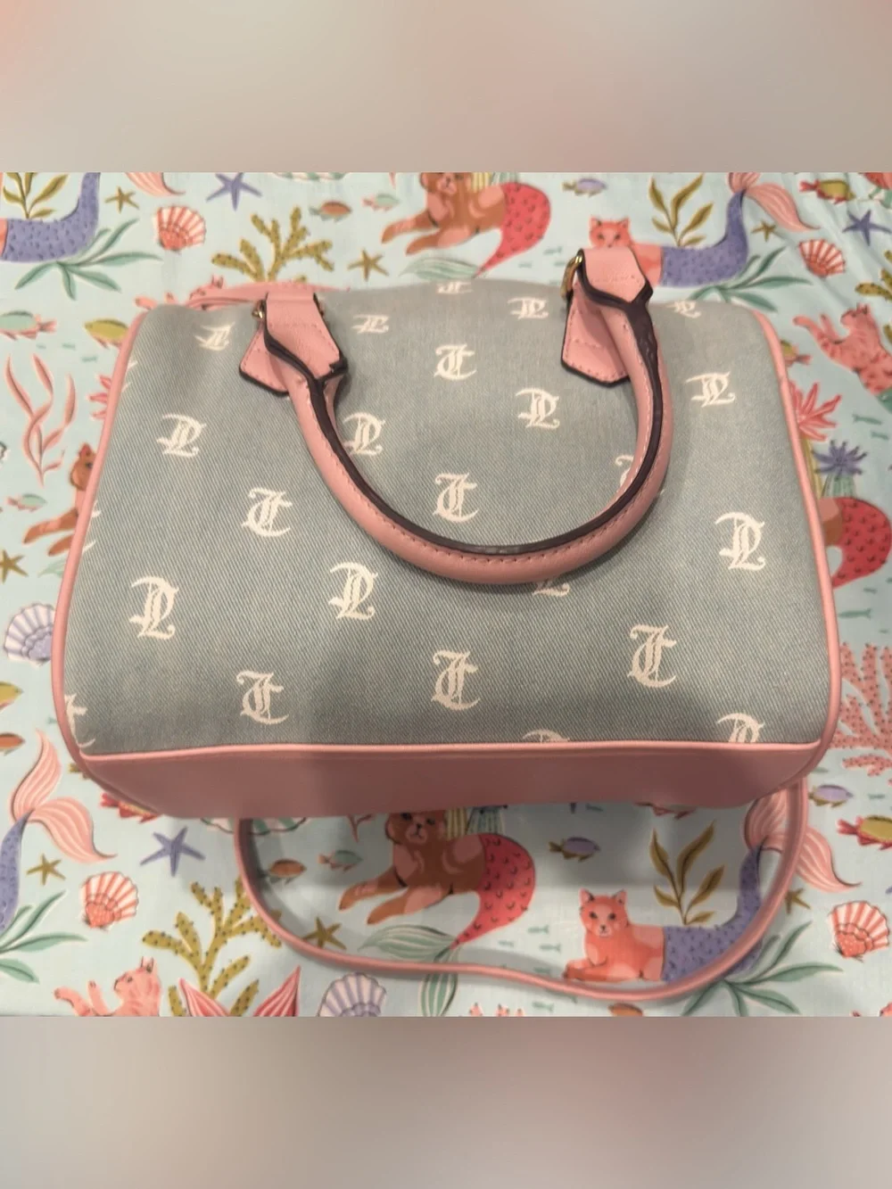 Juicy Couture Denim Purse w Long Strap & White Gothic Lettering w Pink Details